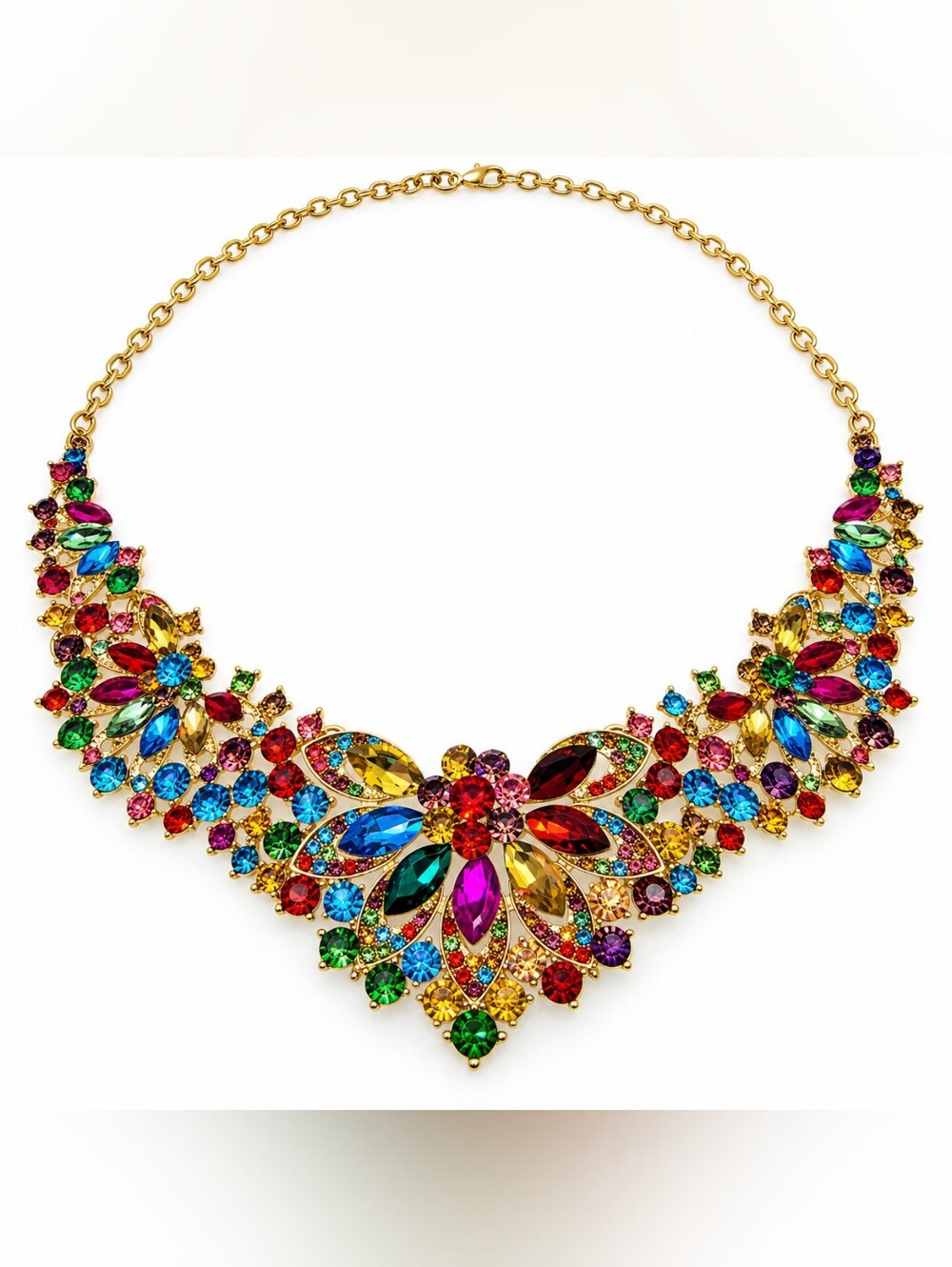 Multicolor Rhinestone Statement Bib Necklace – 18"